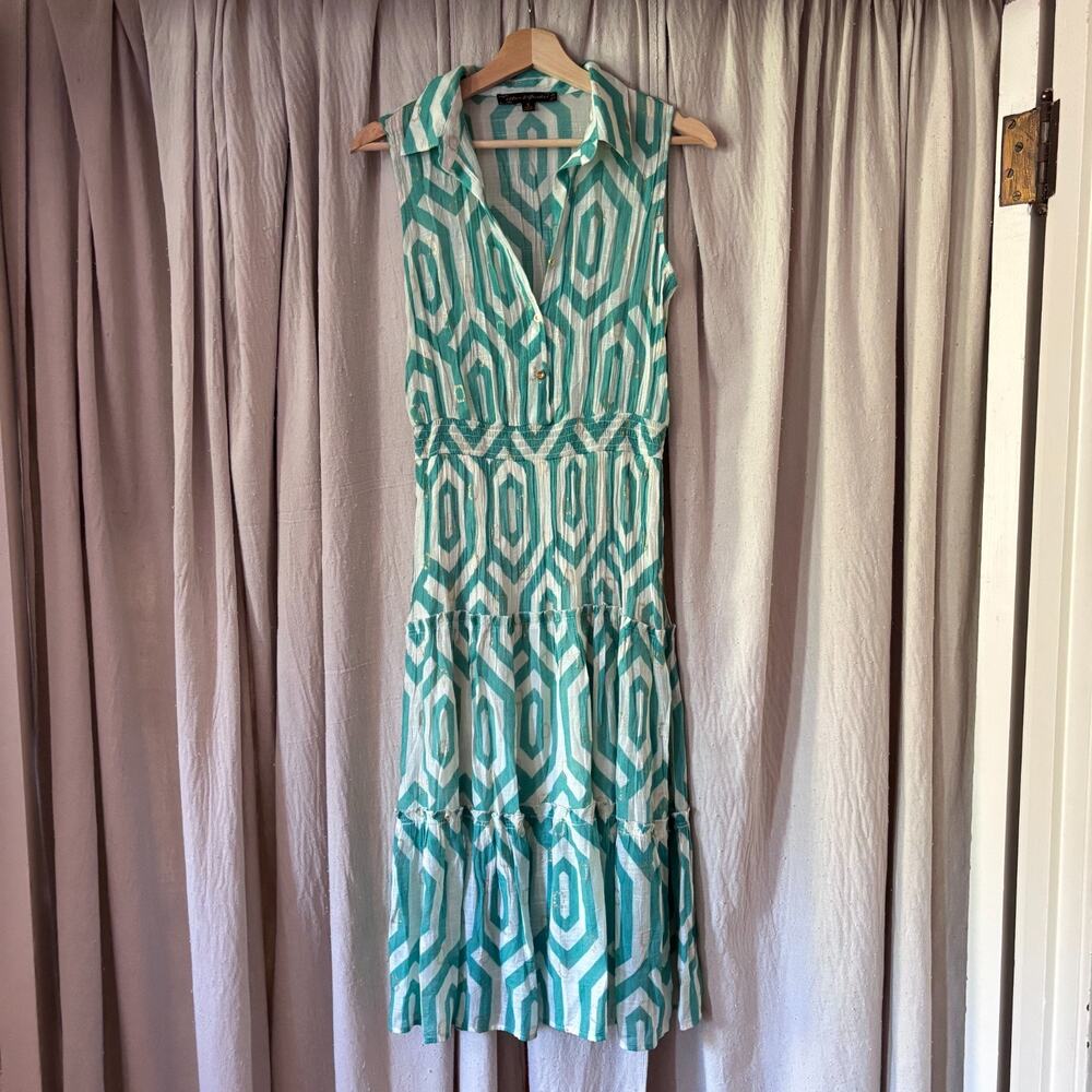 Alex & Parker Geometric Print Tiered Lightwear Resortwear Midi Dress Teal Gold S
